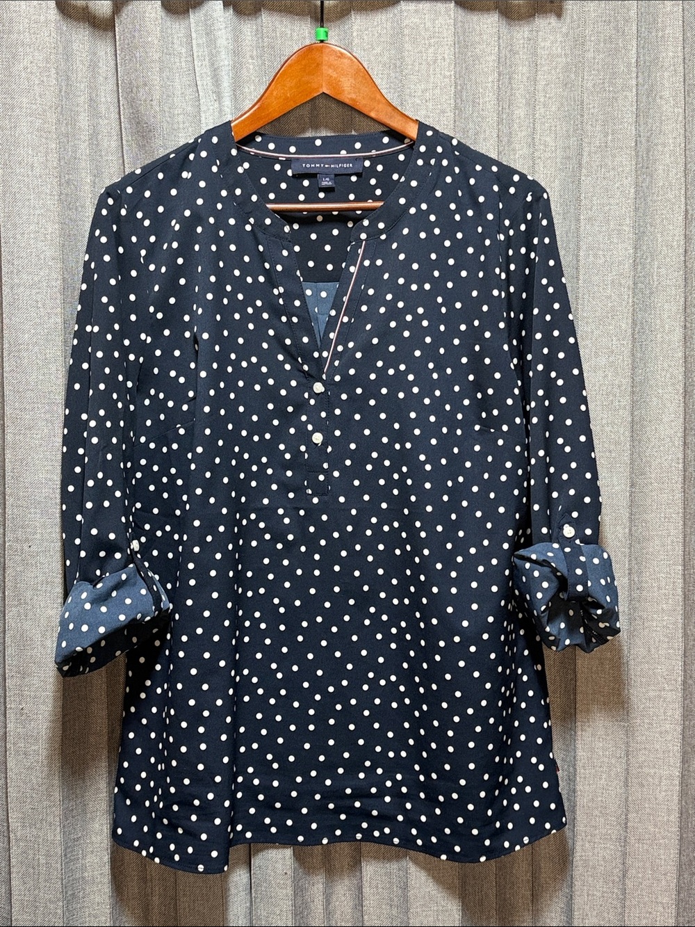 Tommy Hilfiger Navy and White Polka Dot V-Neck Blouse